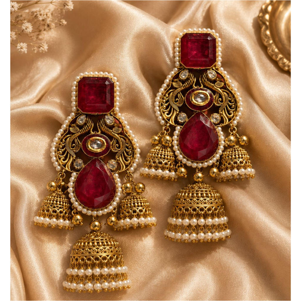 Ruby Red Polki Jhumka Earrings — Cascading Triple Bell
