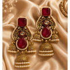 Ruby Red Polki Jhumka Earrings — Cascading Triple Bell