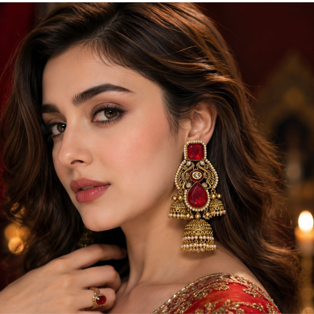 Ruby Red Polki Jhumka Earrings — Cascading Triple Bell
