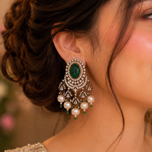 Carved Emerald Earrings | Gold Finish Kundan Pearl Drop Earrings