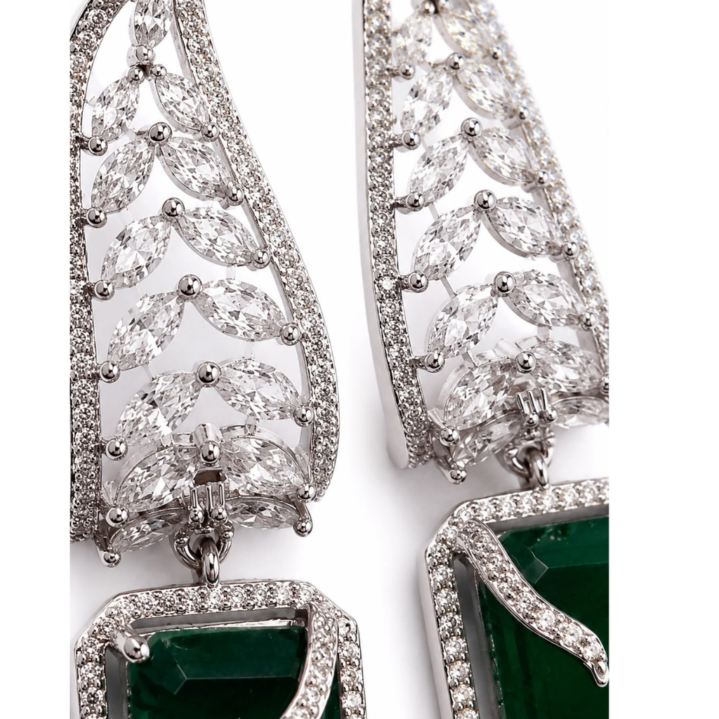 Emerald Cut Danglers | Silver Finish Crystal Leaf Earrings