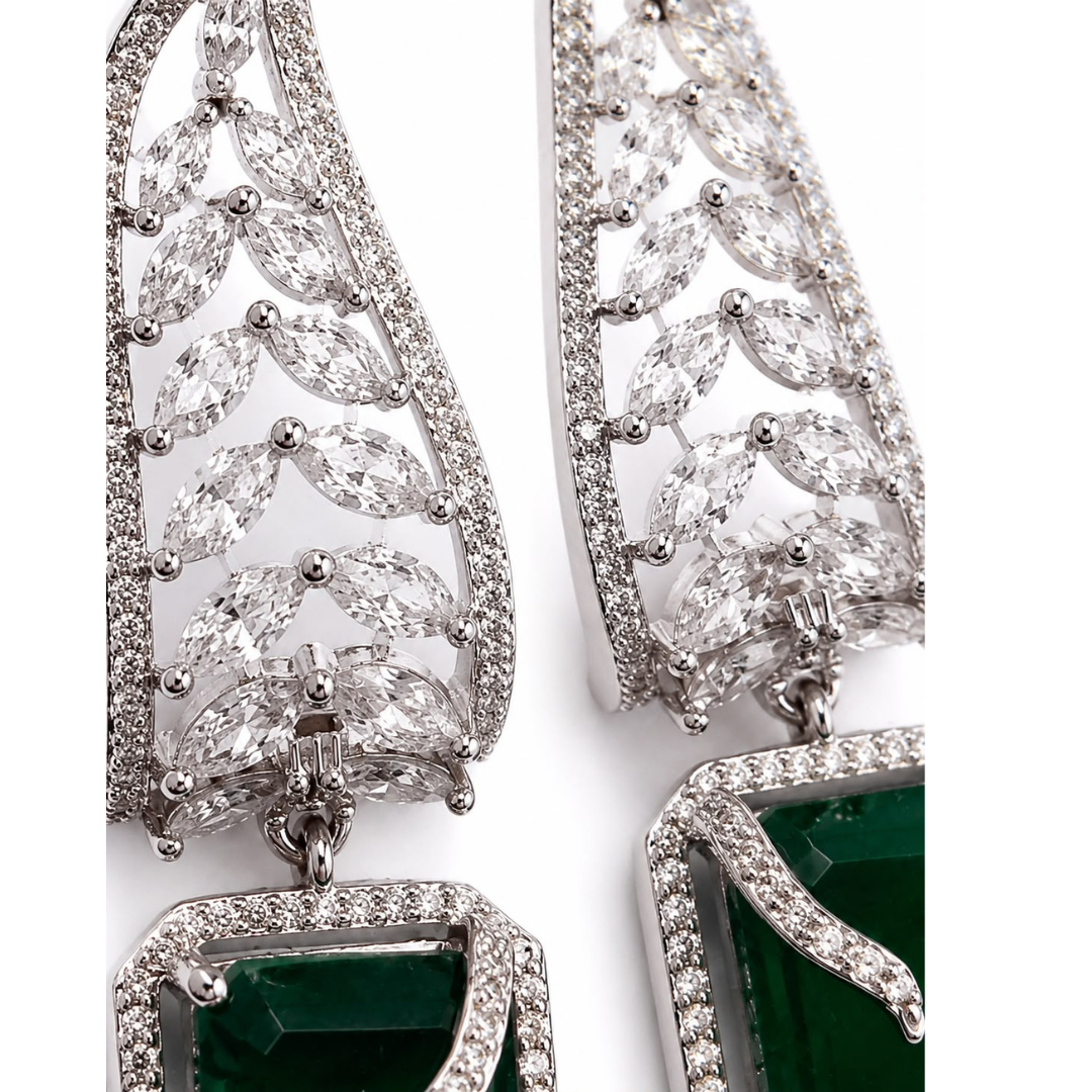 Emerald Cut Danglers | Silver Finish Crystal Leaf Earrings