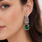 Emerald Cut Danglers | Silver Finish Crystal Leaf Earrings