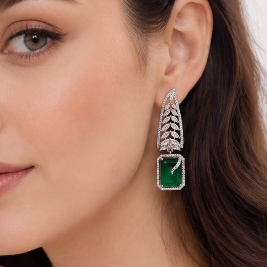 Emerald Cut Danglers | Silver Finish Crystal Leaf Earrings