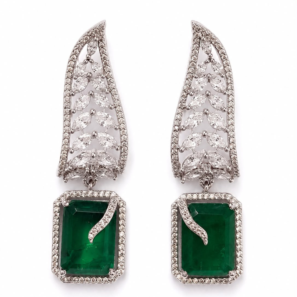 Emerald Cut Danglers | Silver Finish Crystal Leaf Earrings