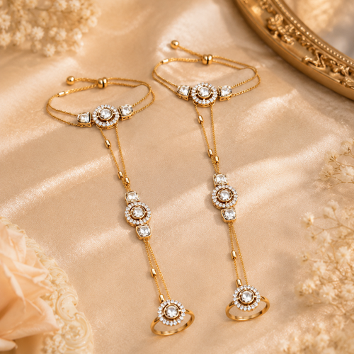 Champagne gold beaded chain Hath Phool in gold finish — Radiant Rockz