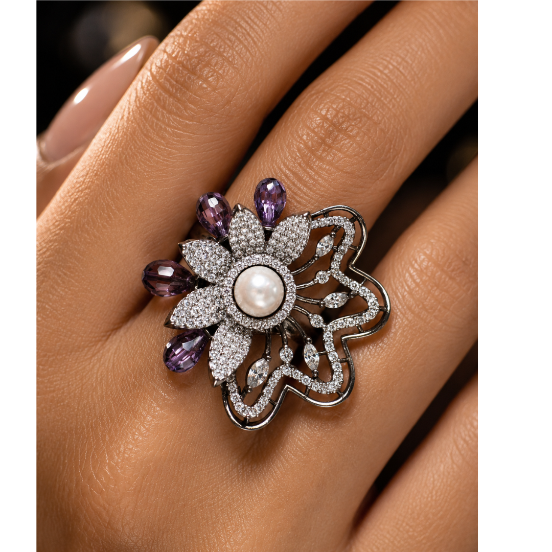 Pearl and purple stone floral cocktail ring in Black metal finish — Radiant Rockz