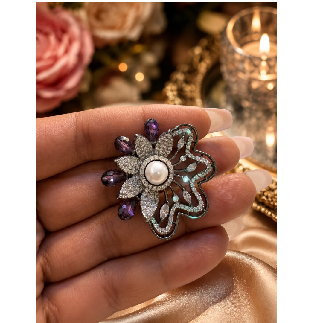 Pearl and purple stone floral cocktail ring in Black metal finish — Radiant Rockz