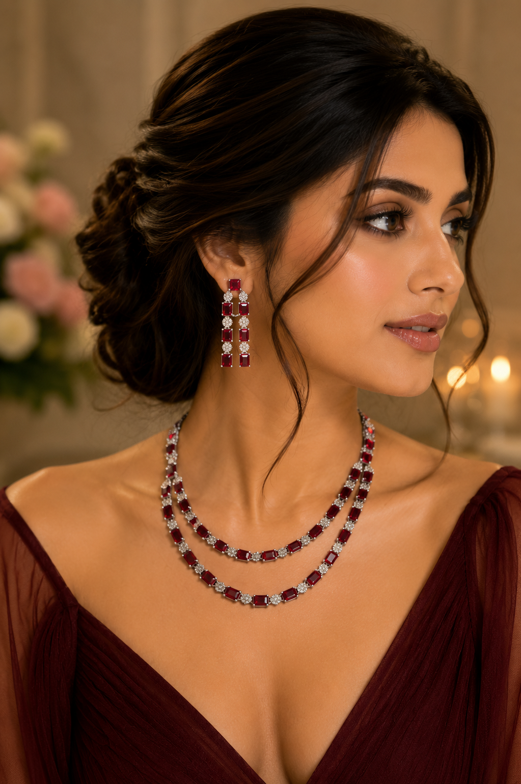 double-line ruby stone neckset